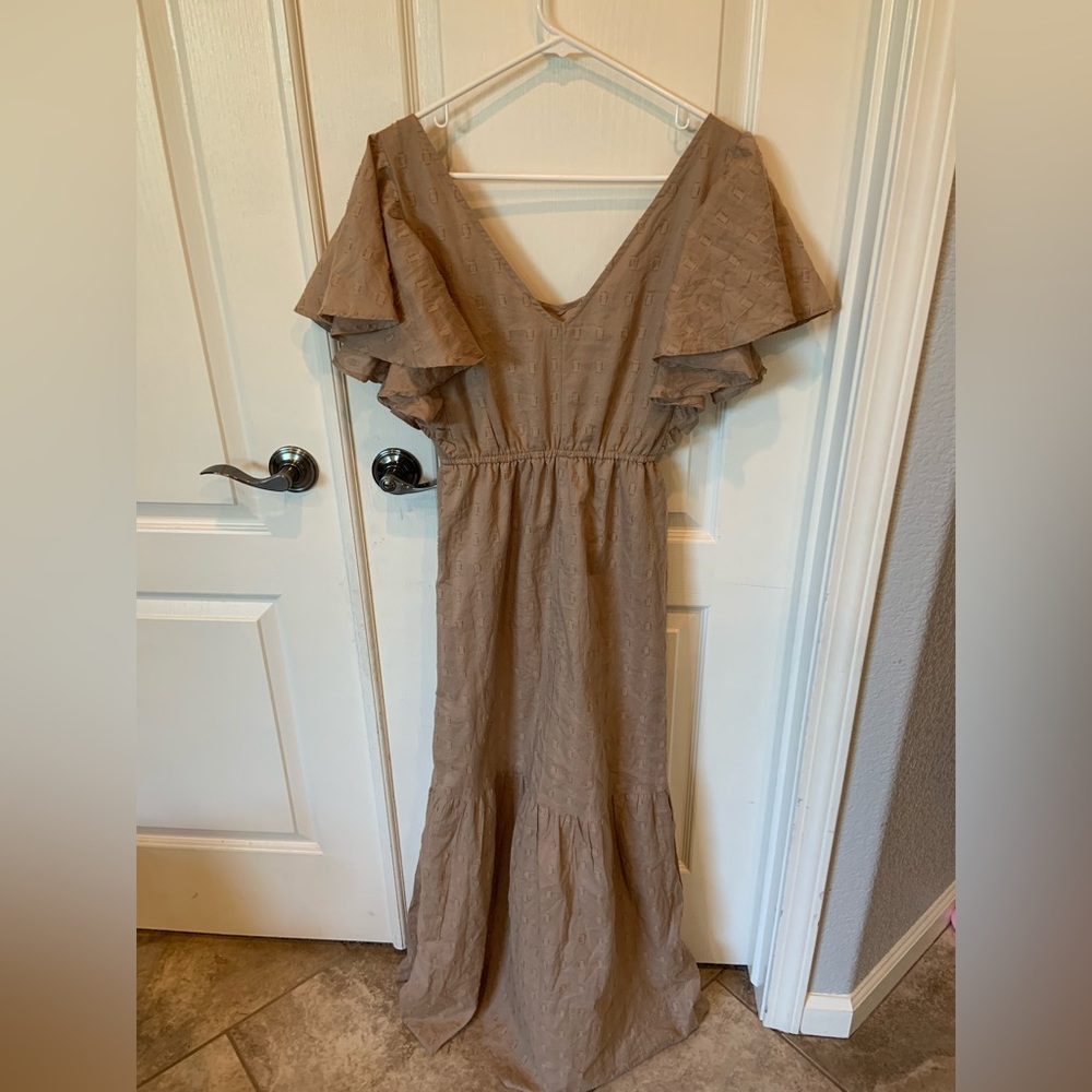 Sim and Sam Tan ruffle shoulder long summer dress